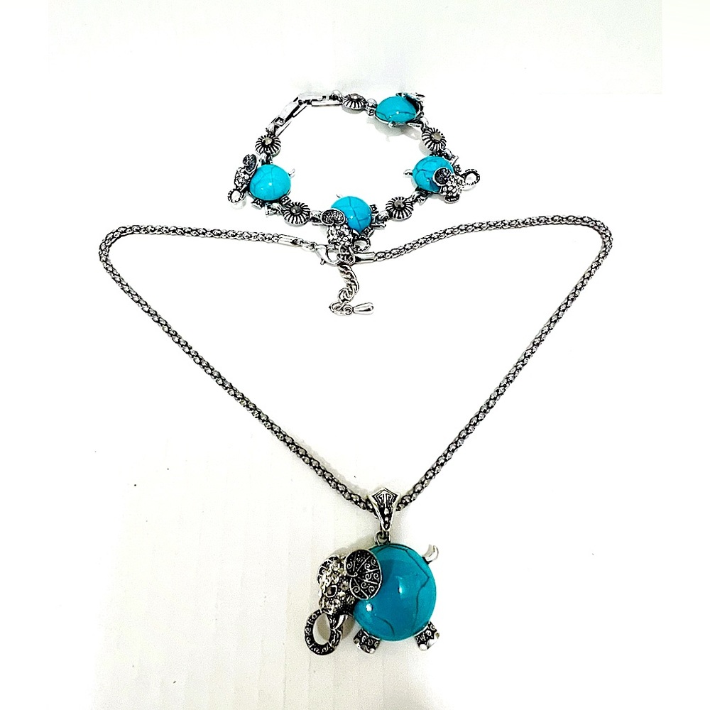 Sterling Silver Elephant turquoise Necklace and bracelet Set